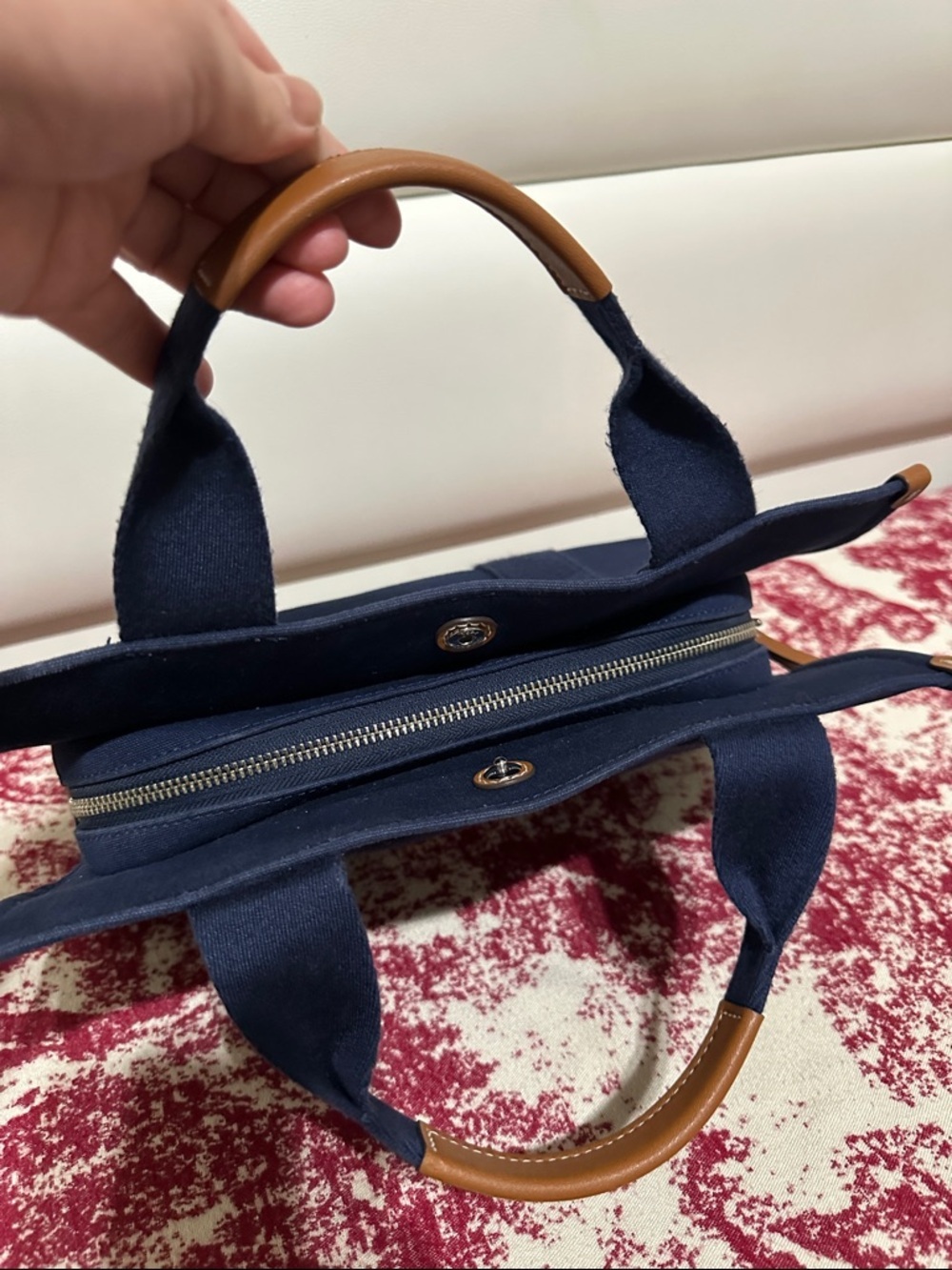 Tory Burch Navy Canvas 2-Way Bag with Tan Leather Trim - Picture 13 of 16